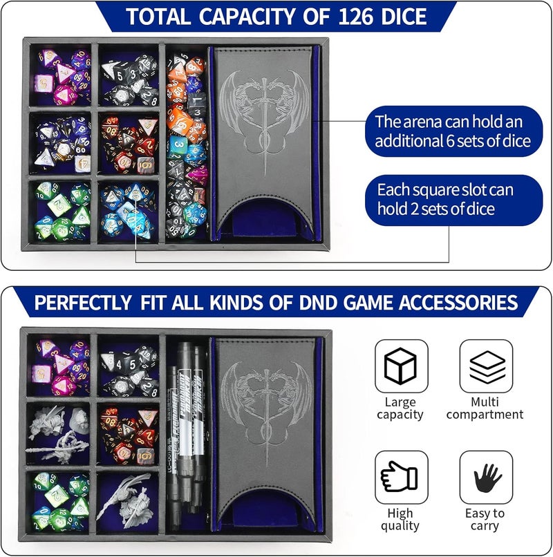 Grajar 3 in 1 Dice Tray with Lid, Portable Dice Box Storage for DND, Dungeons and Dragons, D&D, MTG & RPG Games - Blue - Image 2